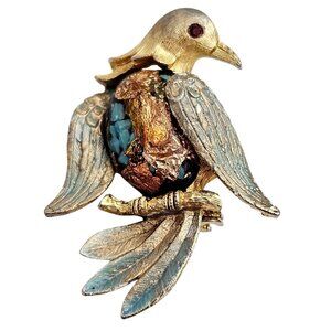 JJ Jonette Blue Foil Art Glass Cab Bird Brooch Blue Pin, Rare Signed C986